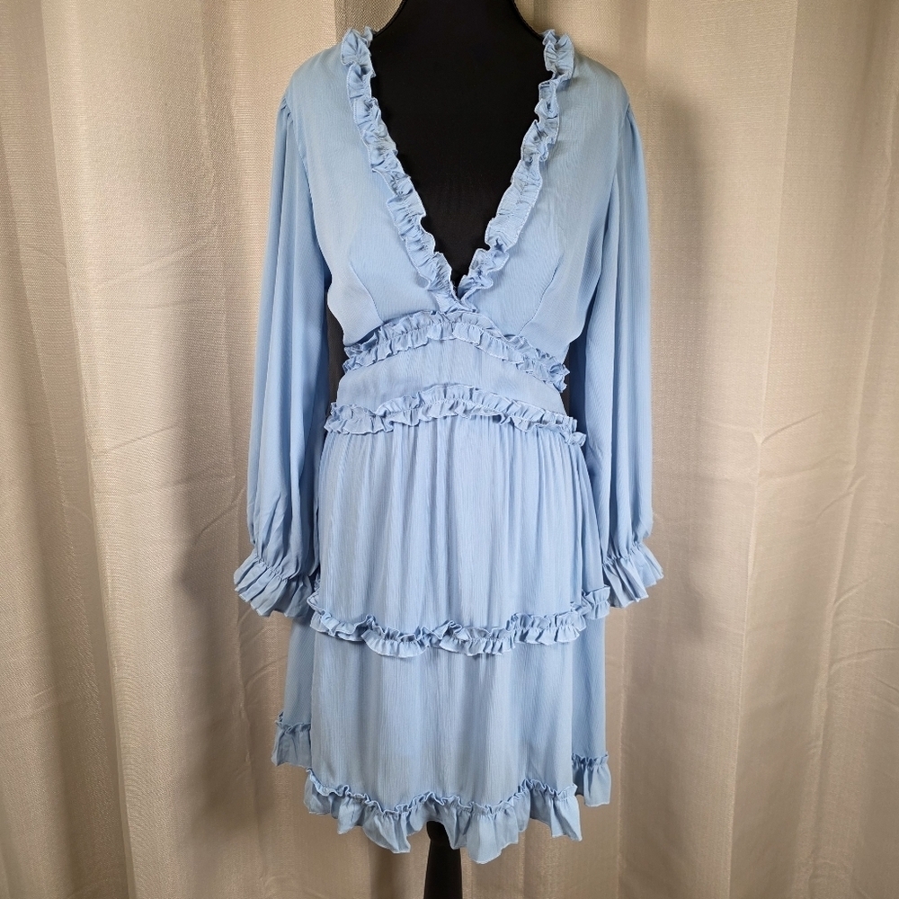 Blue Ruffle Open Back Mini Dress Boho Cottagecore Small